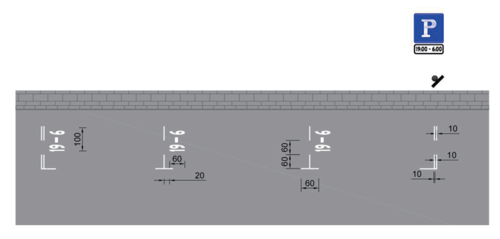 图28 平行式机动车限时段停车位标线(线22)(GB 5768.3-2025)