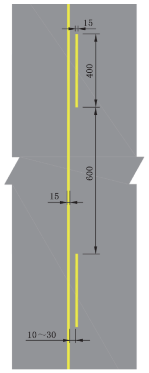 图65 黄色虚实线禁止跨越对向车行道分界线(线44)(GB 5768.3-2025)