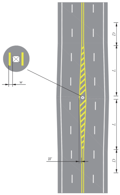 图98 双向四车道接近道路中心障碍物标线设置示例(GB 5768.3-2025)