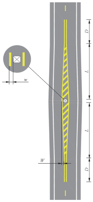 图99 双向两车道接近道路中心障碍物标线设置示例(GB 5768.3-2025)